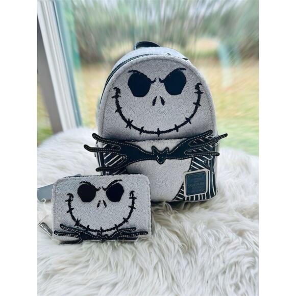 *NEW 2 PACK LE*Loungefly Exclusive Jack Skellington Sequin Mini Backpack &Wallet - Picture 1 of 7
